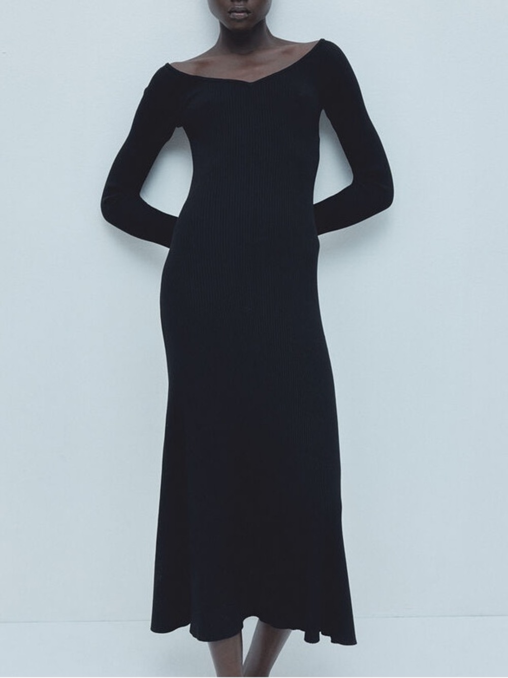 H&M Black Long-Sleeve Ribbed knit Midi Dress size S